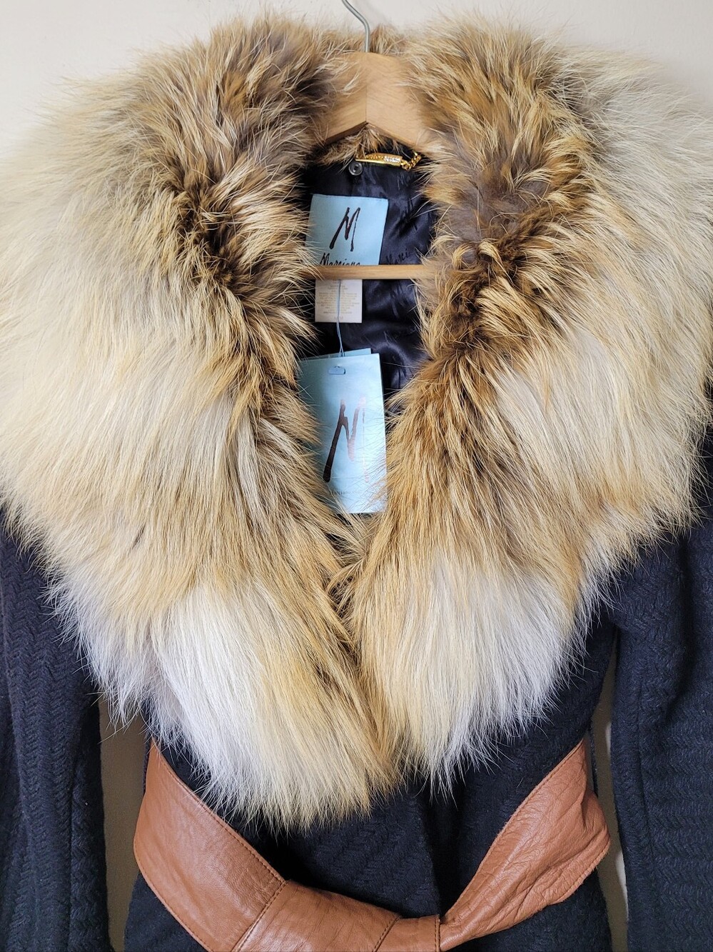 Marciano Wool Coat Red Fox Fur Collar Leather Belt NWT - Picture 4 of 13